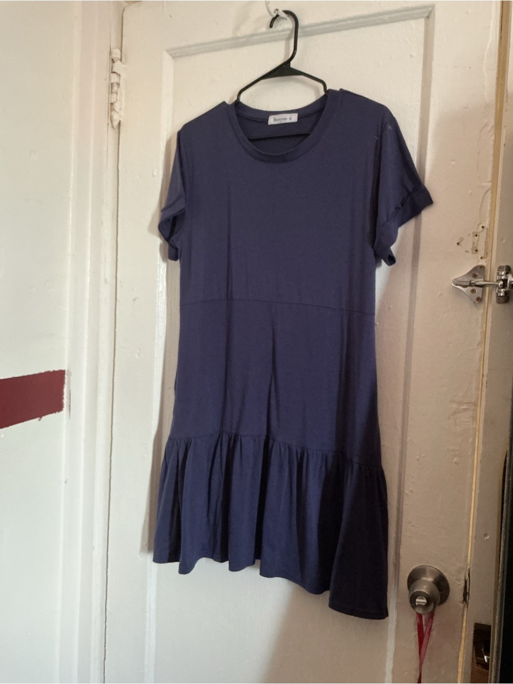 Casual Short-Sleeve Ruffle-Hem Mini Dress in Navy